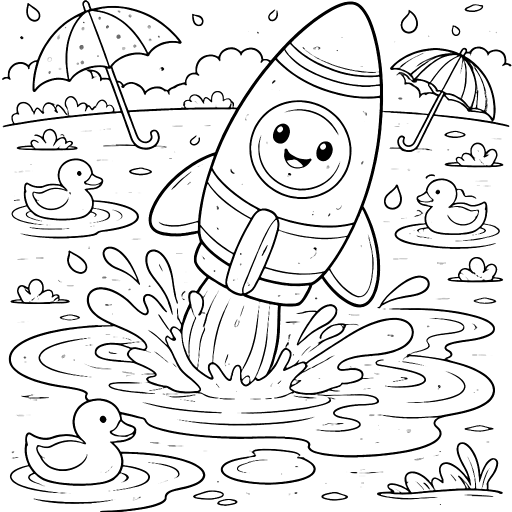 Coloring Page of a Rocket Splashing in Puddles