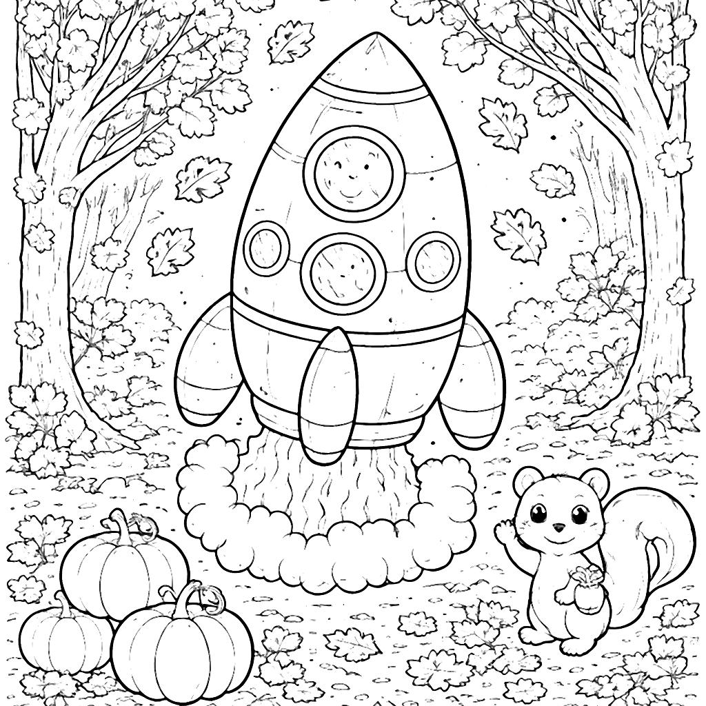Rocket Surrounded by Autumn Leaves Coloring Page