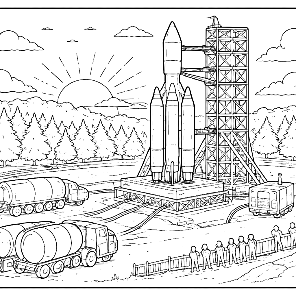 Rockets Coloring Page: Launch Pad at Sunrise