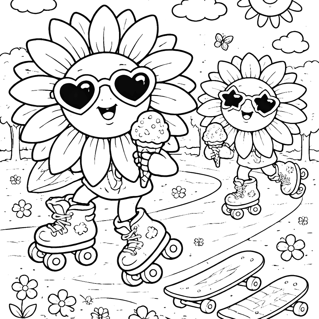 Roller-Skating Sunflowers Coloring Page to Print