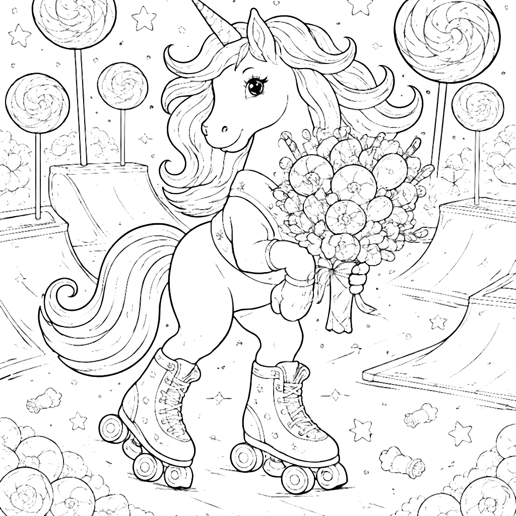 Coloring Page of a Roller Skating Unicorn in a Candy Park