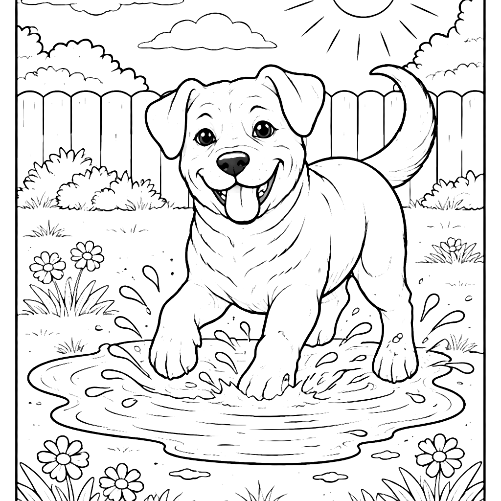 Playful Rottweiler Splashing in a Sunny Backyard Coloring Page