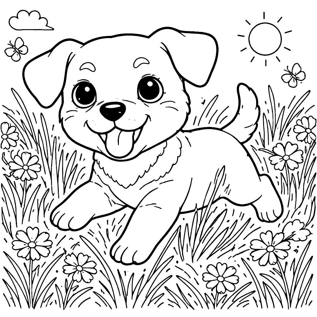 Rottweiler Playing in a Sunny Meadow Coloring Page
