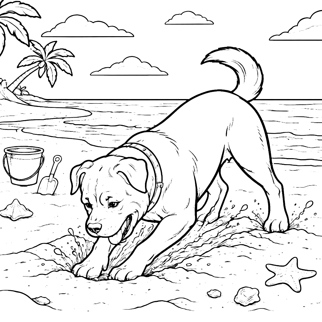 Rottweiler Enjoying a Day at the Beach Coloring Page