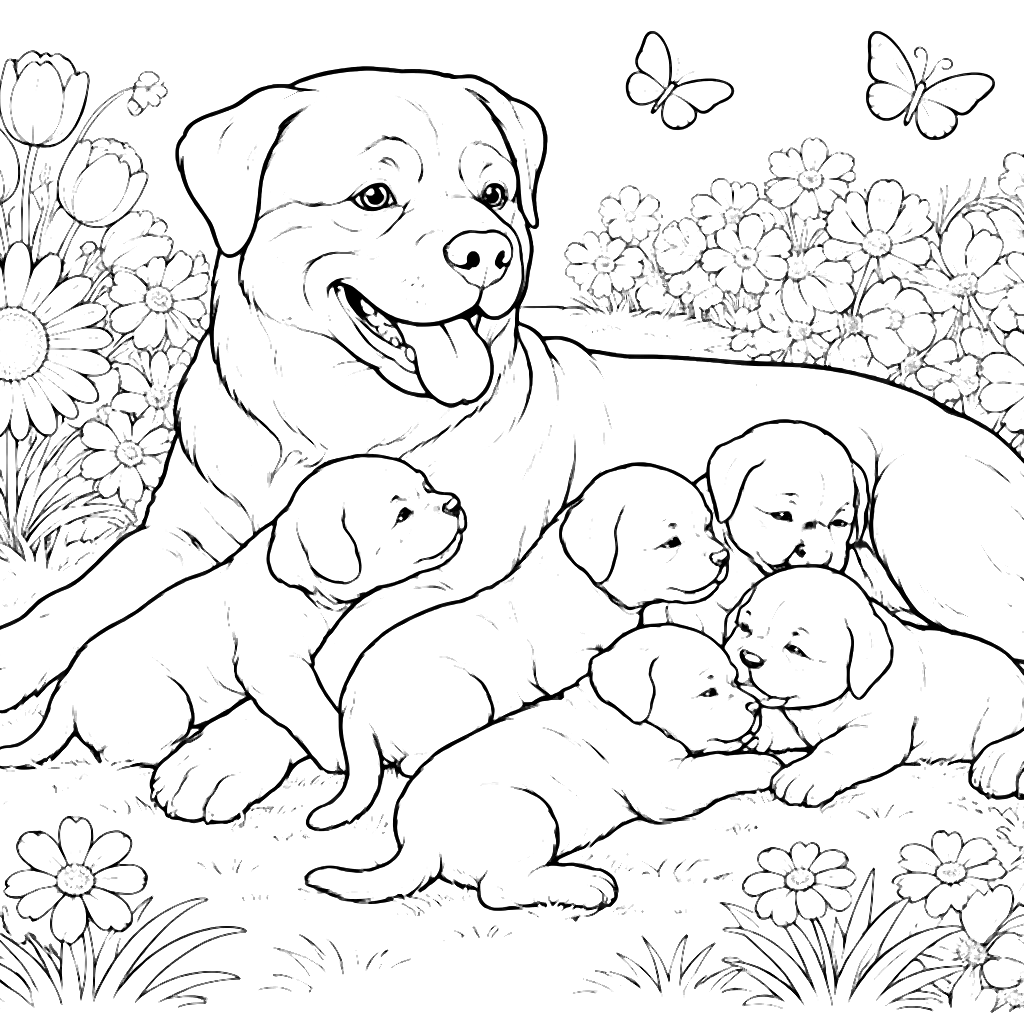Rottweiler Nurturing Puppies in a Blooming Garden