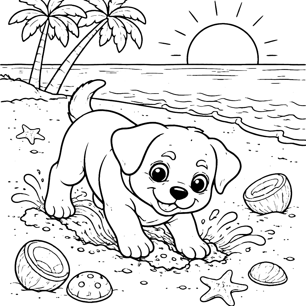 Rottweiler Digging in the Sand at Sunset Coloring Page