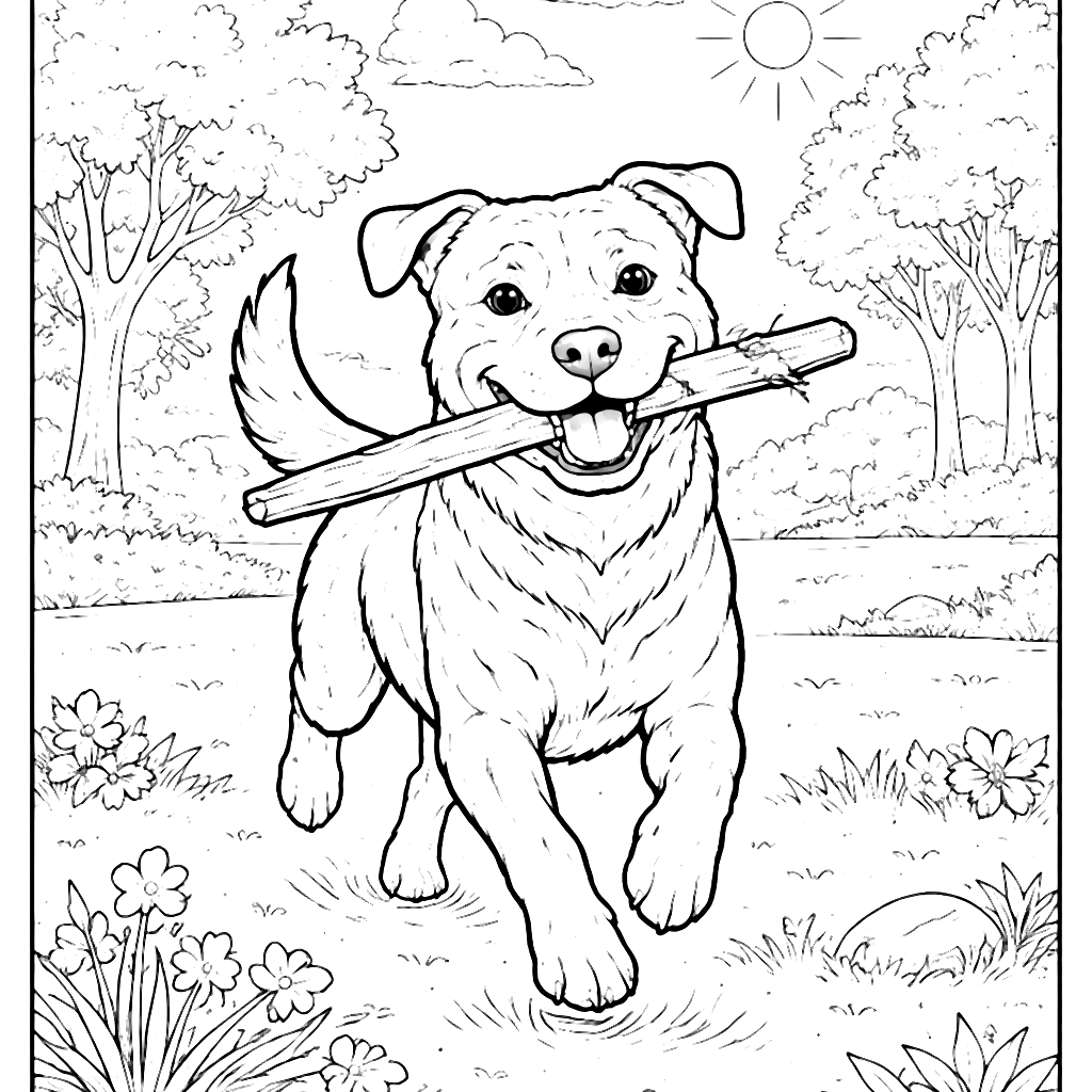 Rottweiler Playing Fetch in a Sunny Park Coloring Page