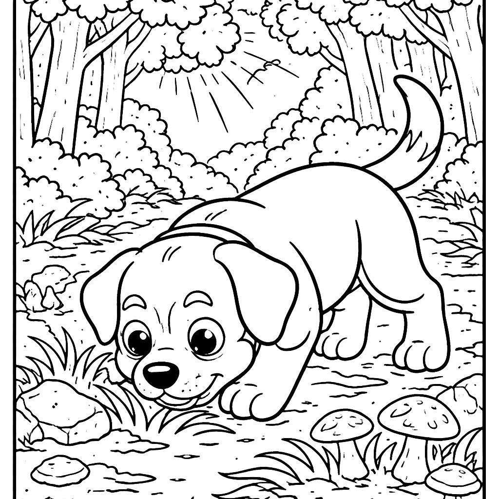 Rottweiler Sniffing in a Sunlit Forest Coloring Page