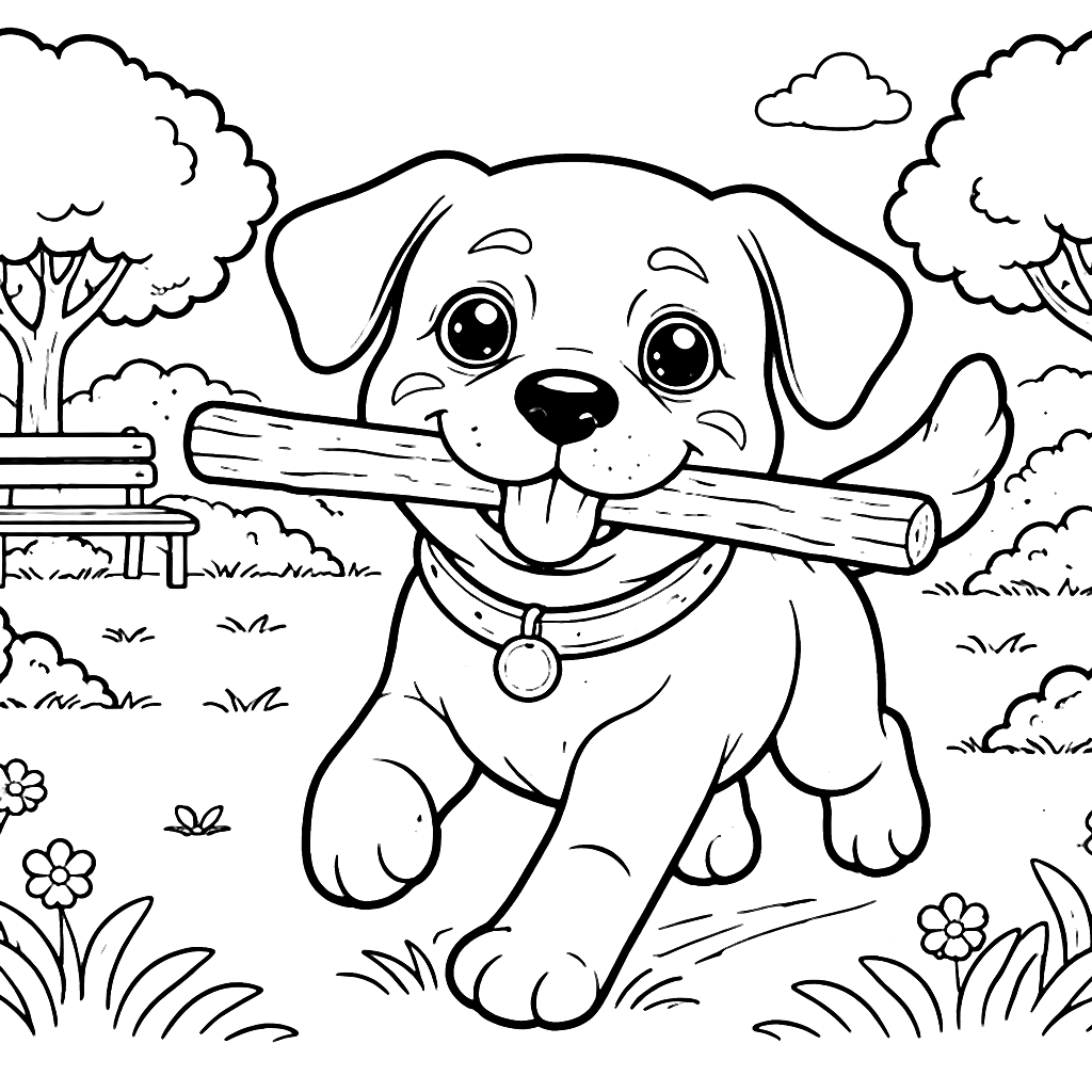 Rottweiler Playing Fetch in the Park - Coloring Page