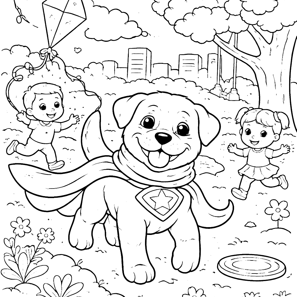 Coloring Page of a Rottweiler Superhero in the Park