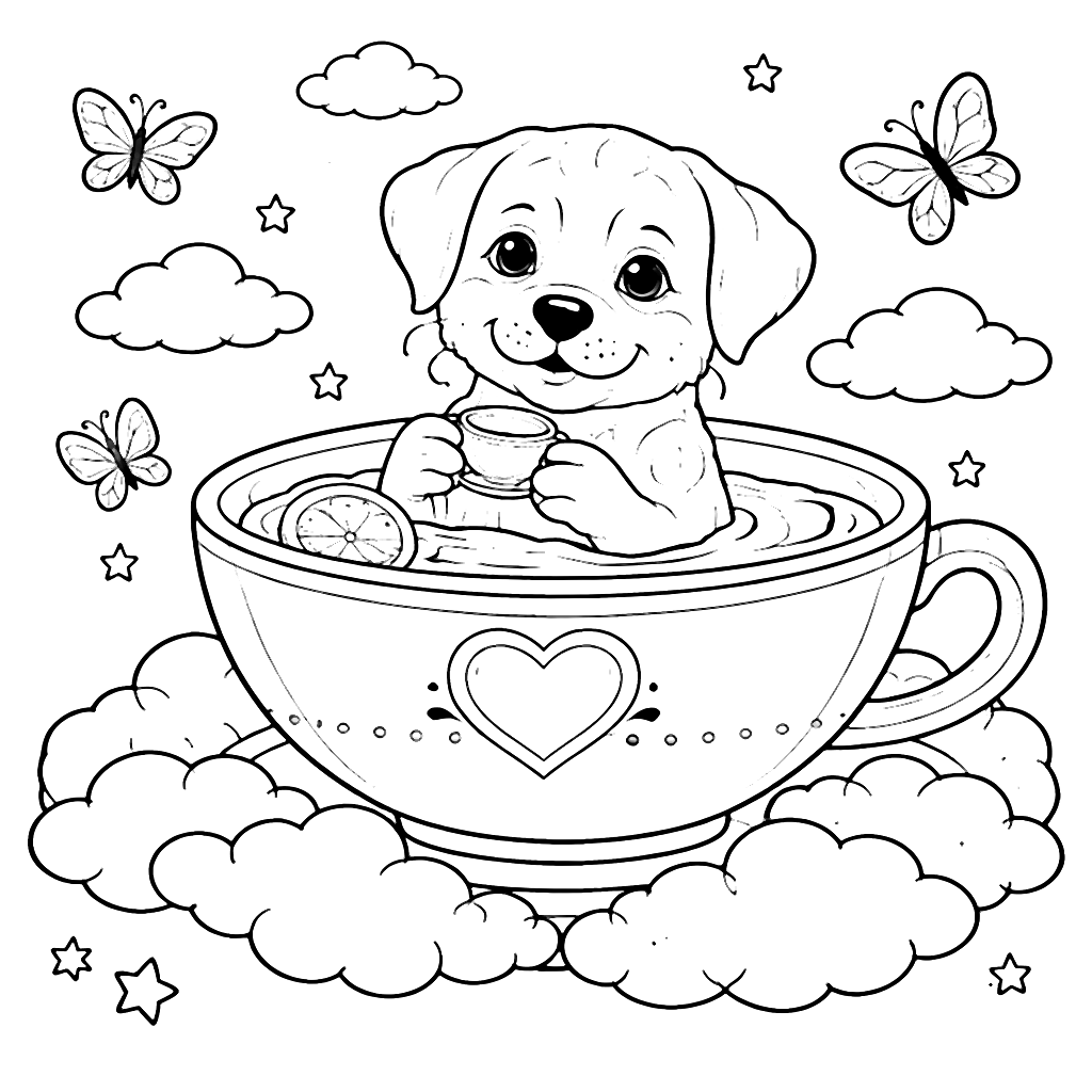 Rottweiler Enjoying a Whimsical Tea Party Coloring Page