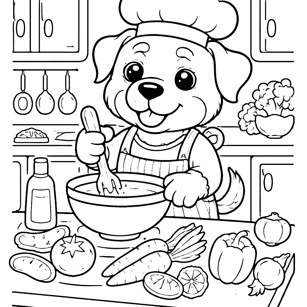 Rottweiler Chef in a Colorful Kitchen Coloring Page