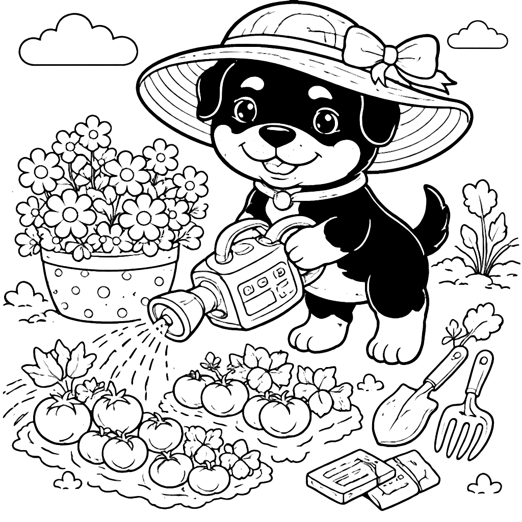 Rottweiler Watering a Garden – Fun Coloring Page