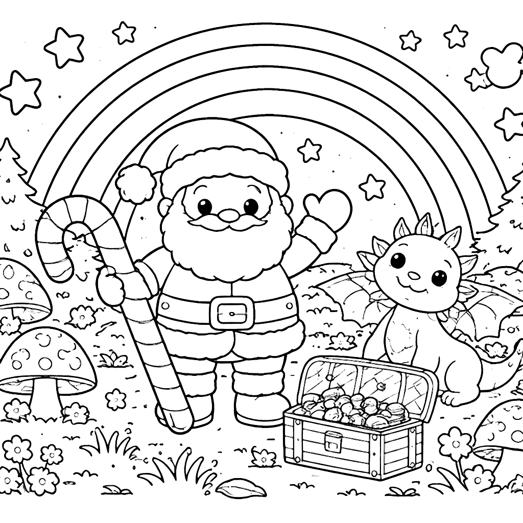 Color Santa Claus Under a Rainbow in a Whimsical Forest