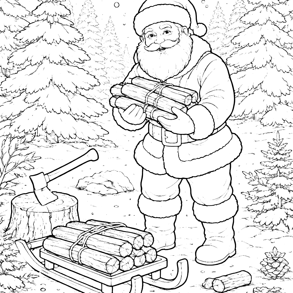 Santa Claus Gathering Firewood in a Winter Forest