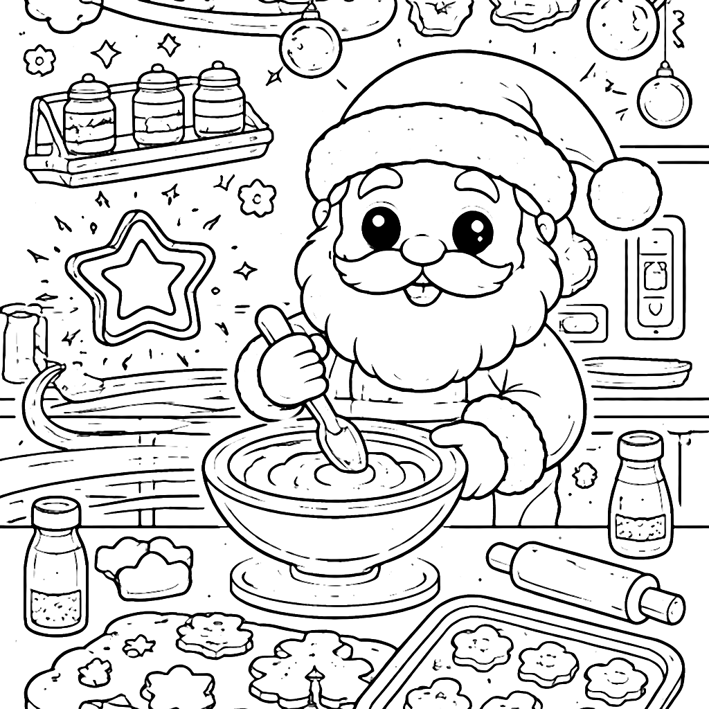 Coloring Page of Santa in a Futuristic Kitchen