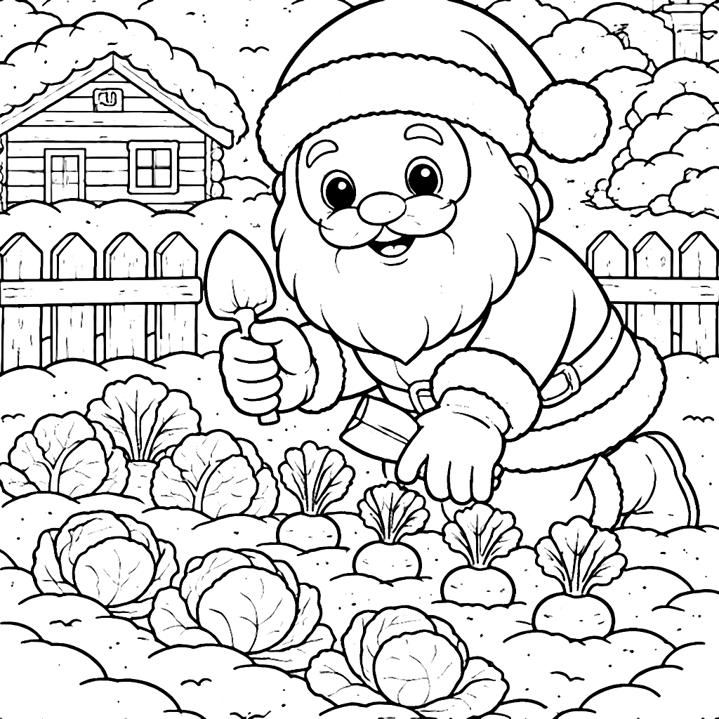 Santa Claus in a Cozy Winter Garden Coloring Page