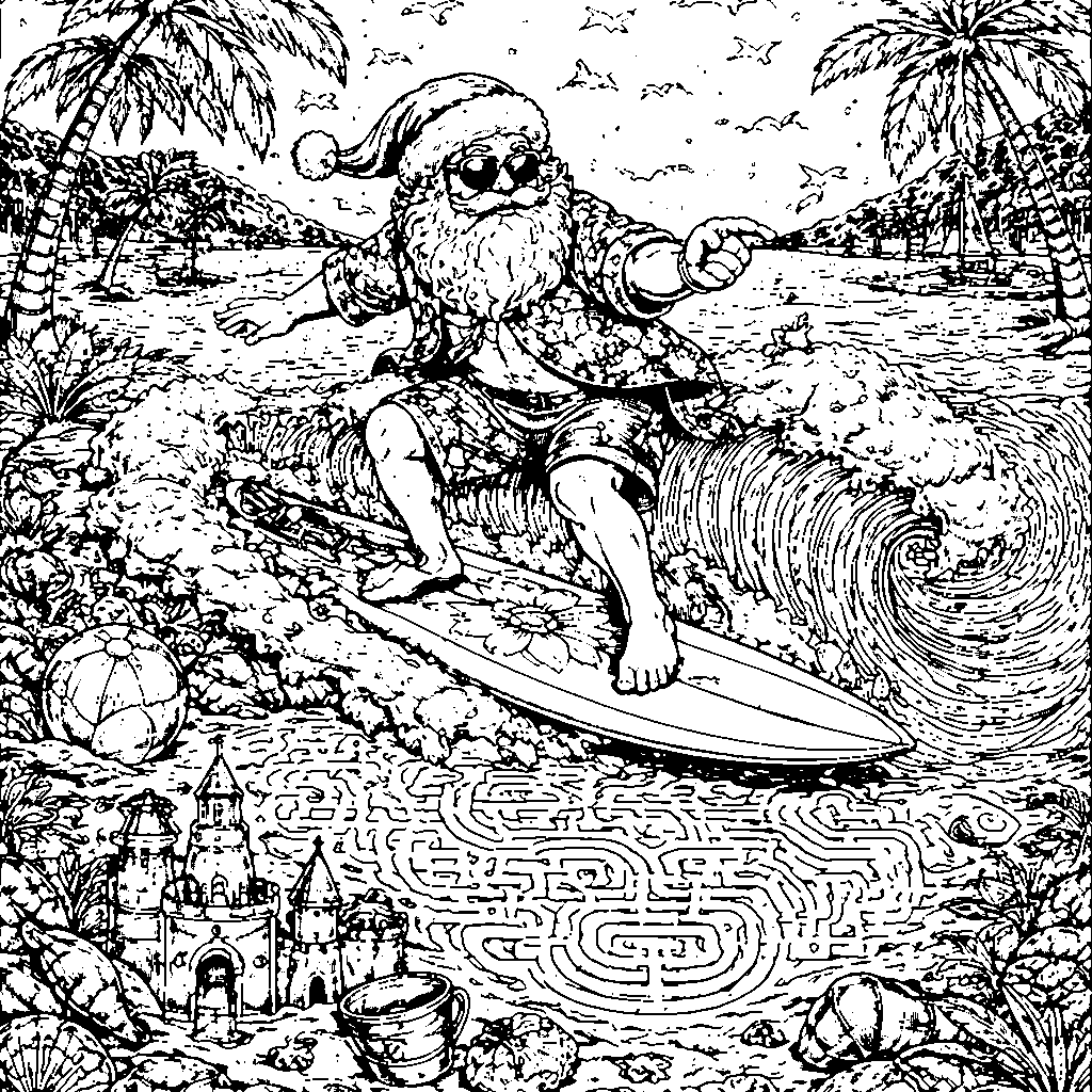 Santa Claus on a Surfboard Coloring Page