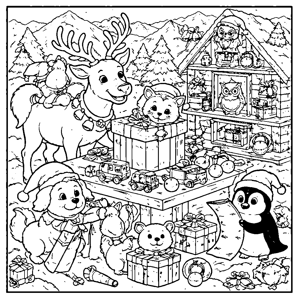 Santa's Magical Workshop Pets Coloring Page