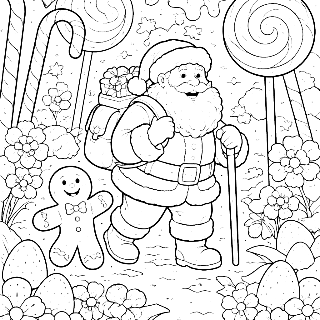 Santa with a Backpack in a Candy Forest Coloring Page