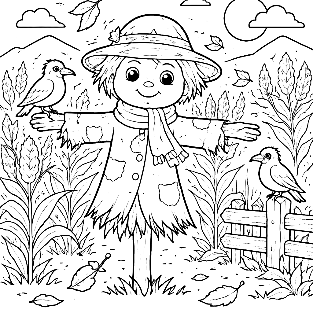 Coloring Page of a Guarding Scarecrow in Autumn