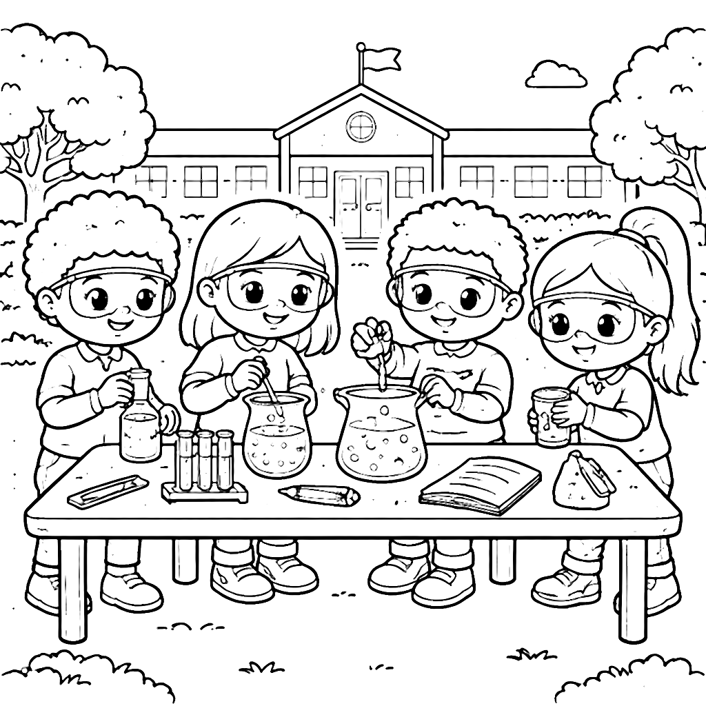 Engaging School Coloring Page of Outdoor Science Experiment