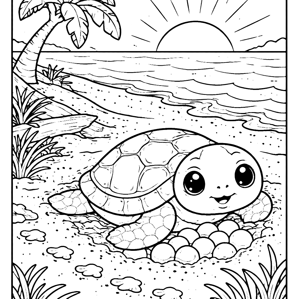 Coloring Page of a Nesting Sea Turtle at Sunrise