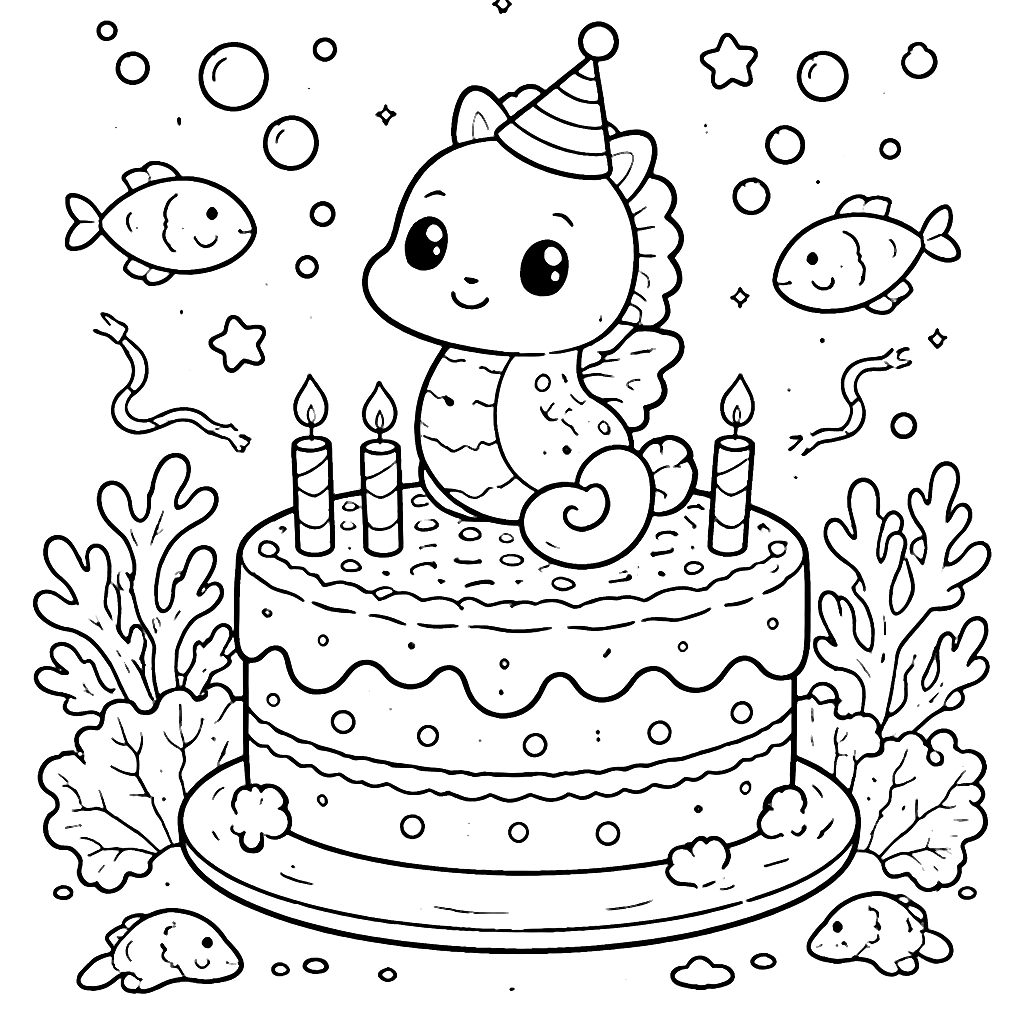 Whimsical Seahorse Birthday Cake Coloring Page