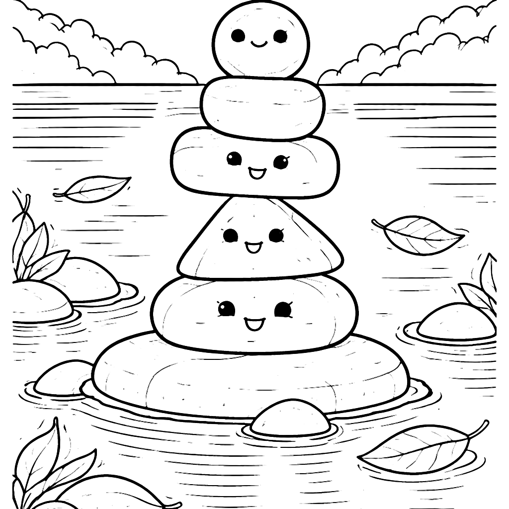 Coloring Page of Shapes Stacking by a Serene Lakeside