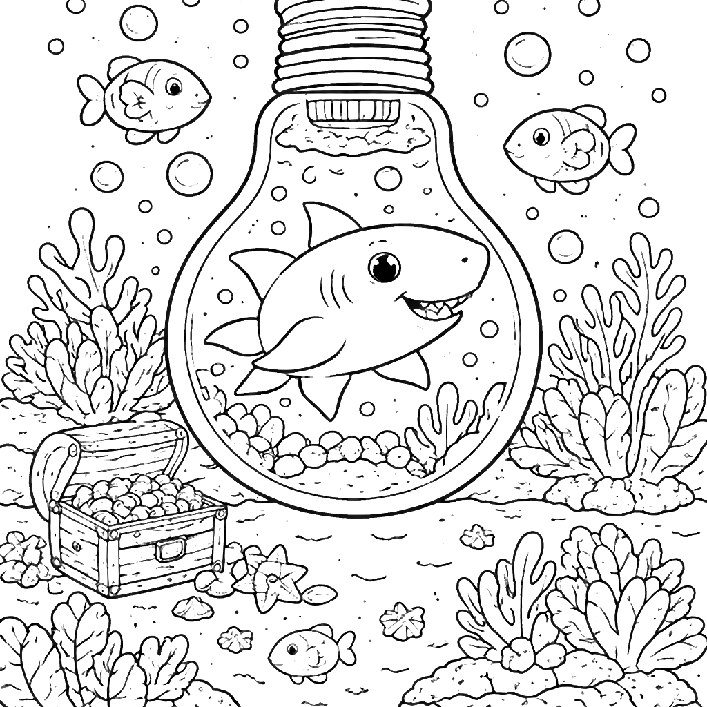 Coloring Page of a Shark in a Lightbulb Underwater Scene