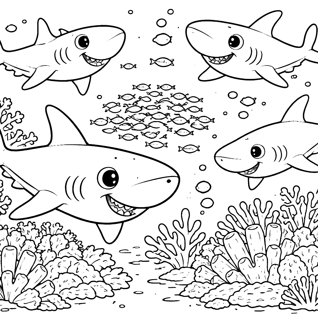 Sharks Hunting in a Vibrant Coral Reef Coloring Page