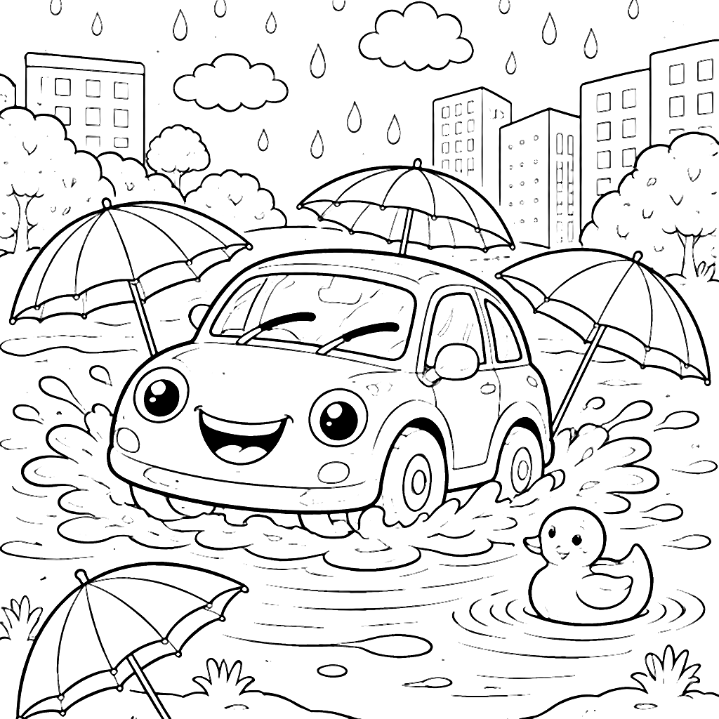 Silly Car Coloring Page: Rainy Day Fun
