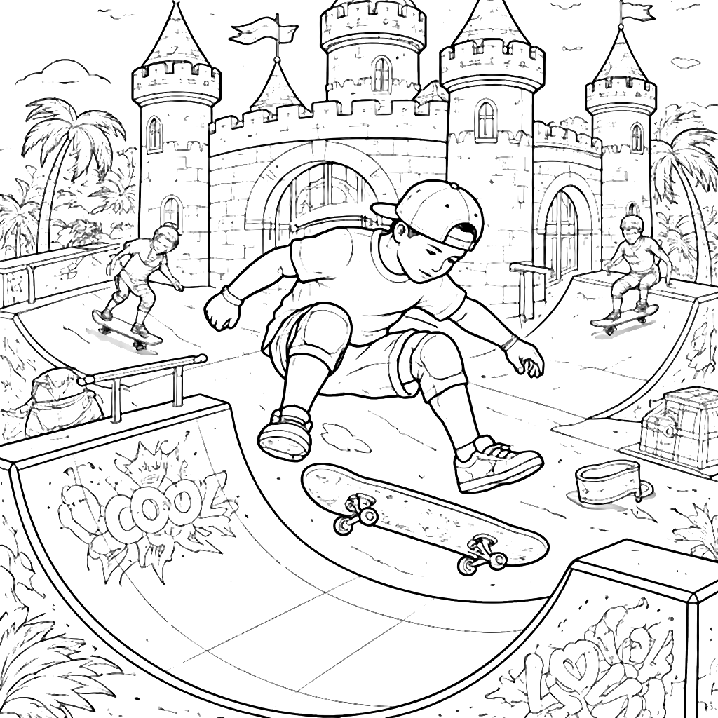 Skateboarder Castle Coloring Page for Kids