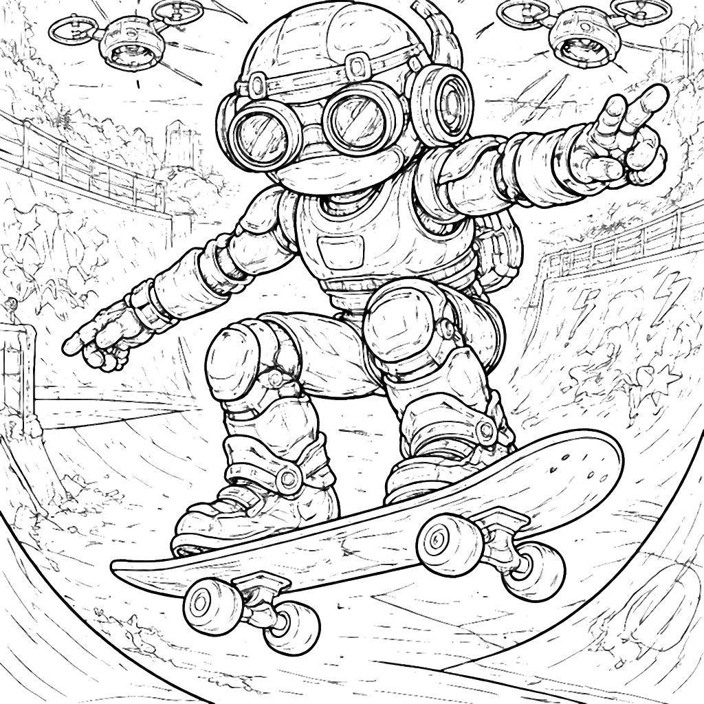 Skateboarding Robot Coloring Page for Kids