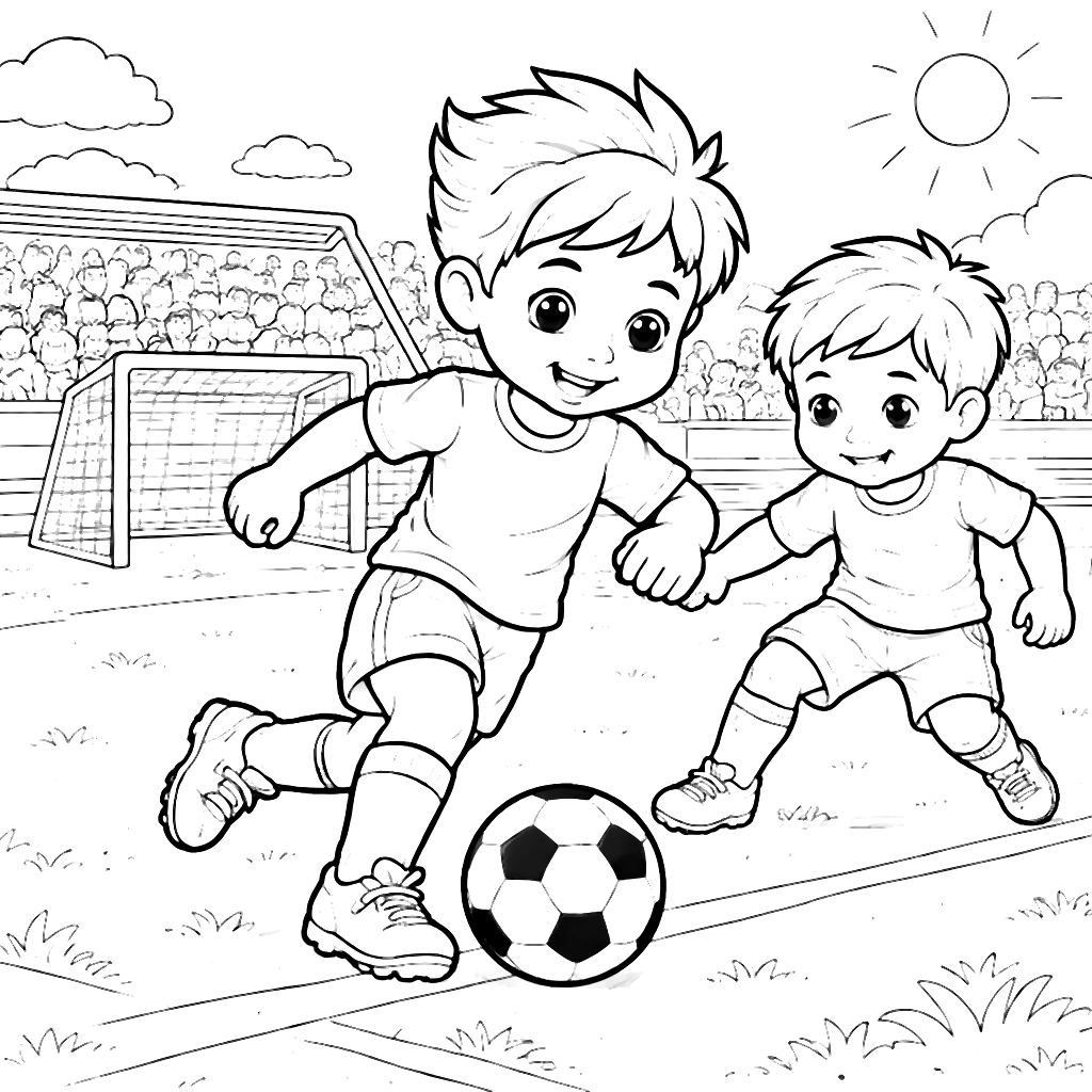 Exciting Soccer Scene Coloring Page for Kids
