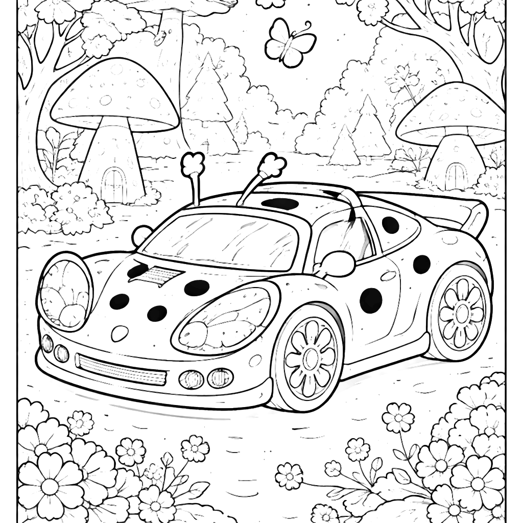 Vibrant Sports Car Coloring Page Featuring Ladybug