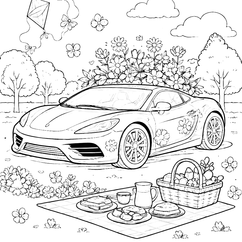 Coloring Page of a Sports Car with a Garden on Its Roof