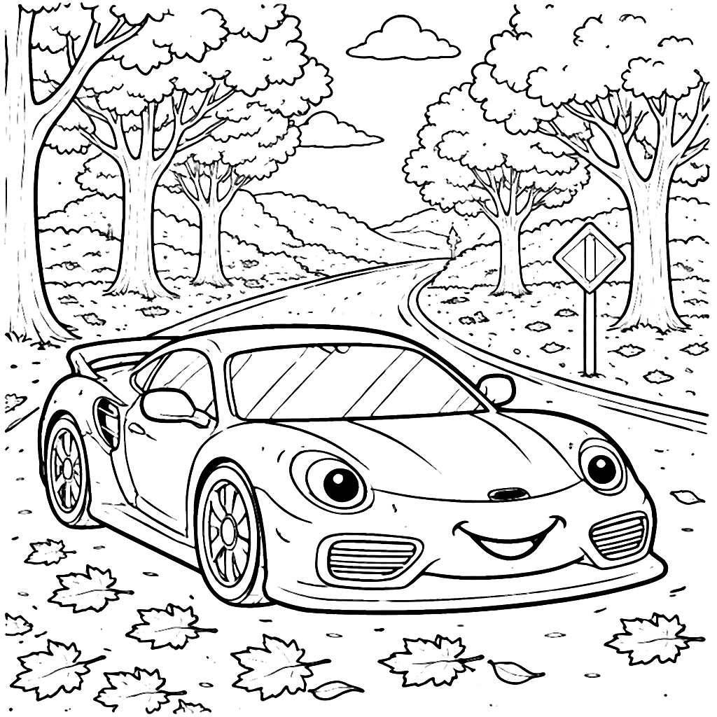 Coloring Page of Sports Cars in Autumn Landscape