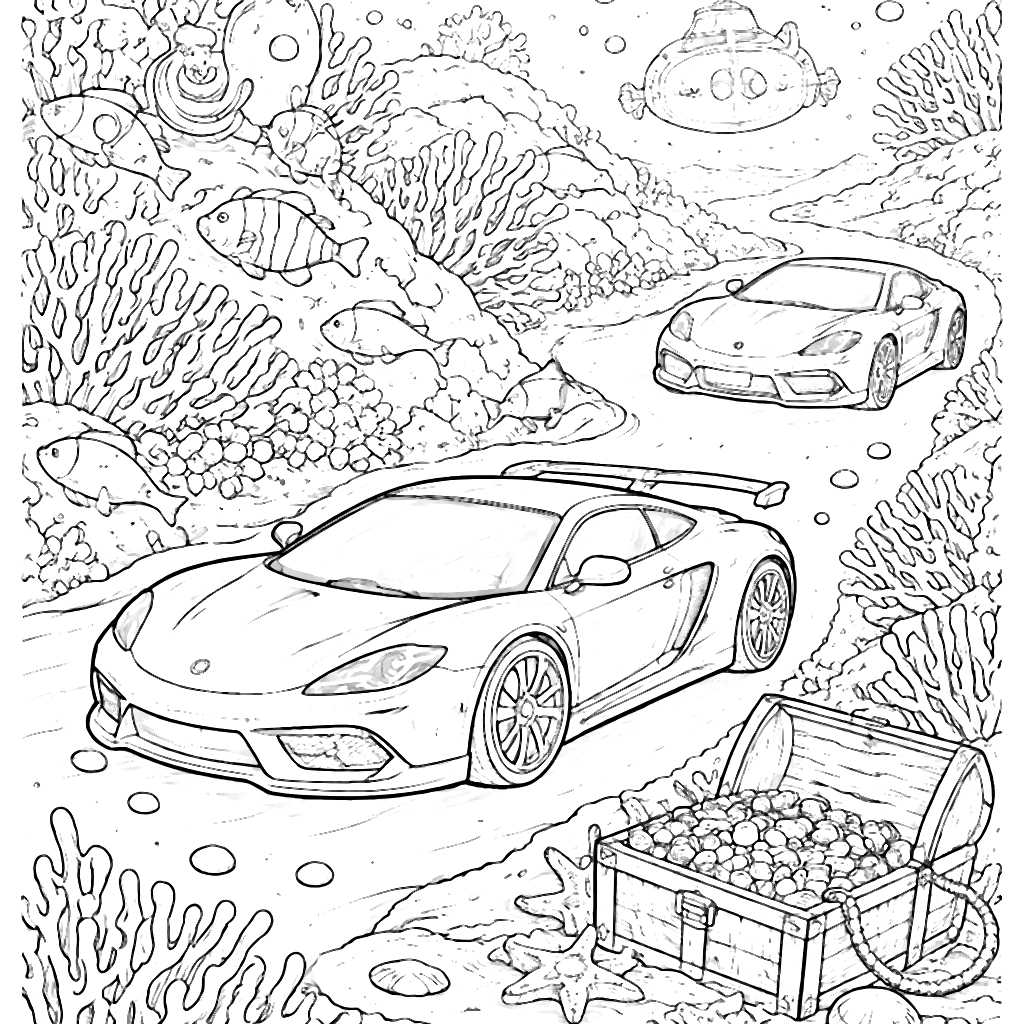 Coloring Page of Sports Cars Underwater Adventure