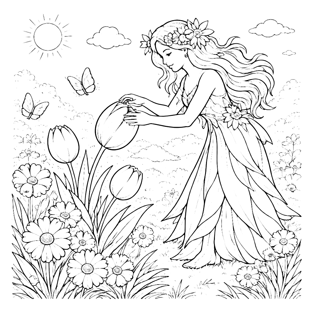 Spring Coloring Page of a Sunny Meadow with Butterflies