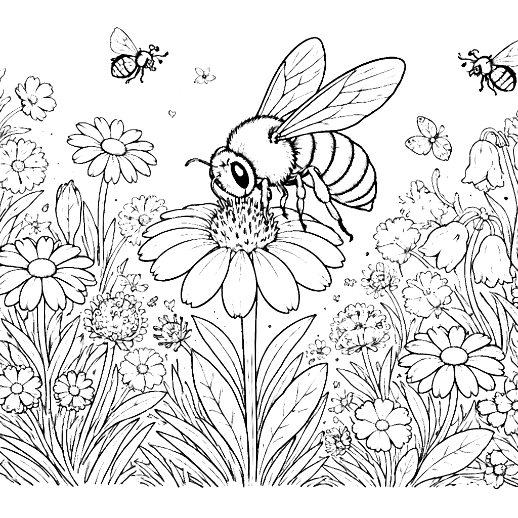 Spring Coloring Page: Bees and Wildflowers in Bloom