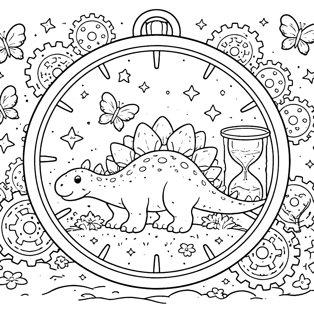 Colorful Stegosaurus in a Whimsical Time-Space Landscape