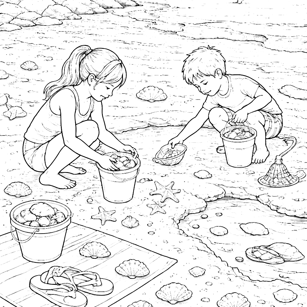 Children Collecting Seashells on a Summer Beach Coloring Page