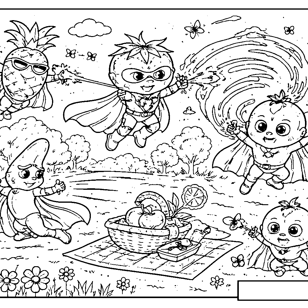 Superhero Fruit Characters Coloring Page