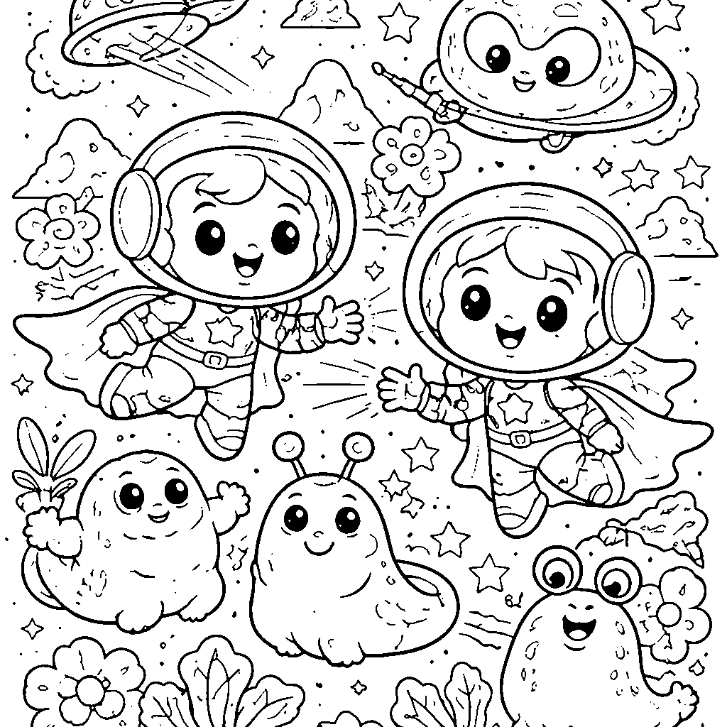 Superhero Space Explorers Coloring Page
