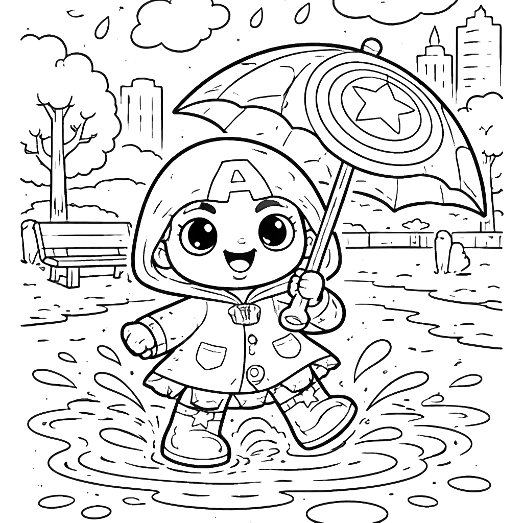 Superheroes Splashing in Puddles Coloring Page