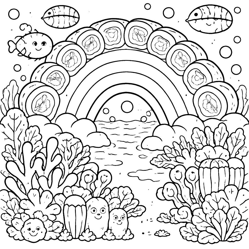 Colorful Sushi Rolls Underwater Coloring Page