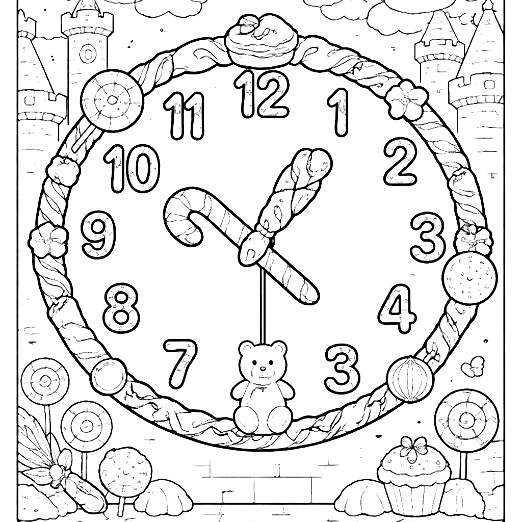 Whimsical Candy Clock Coloring Page for Kids