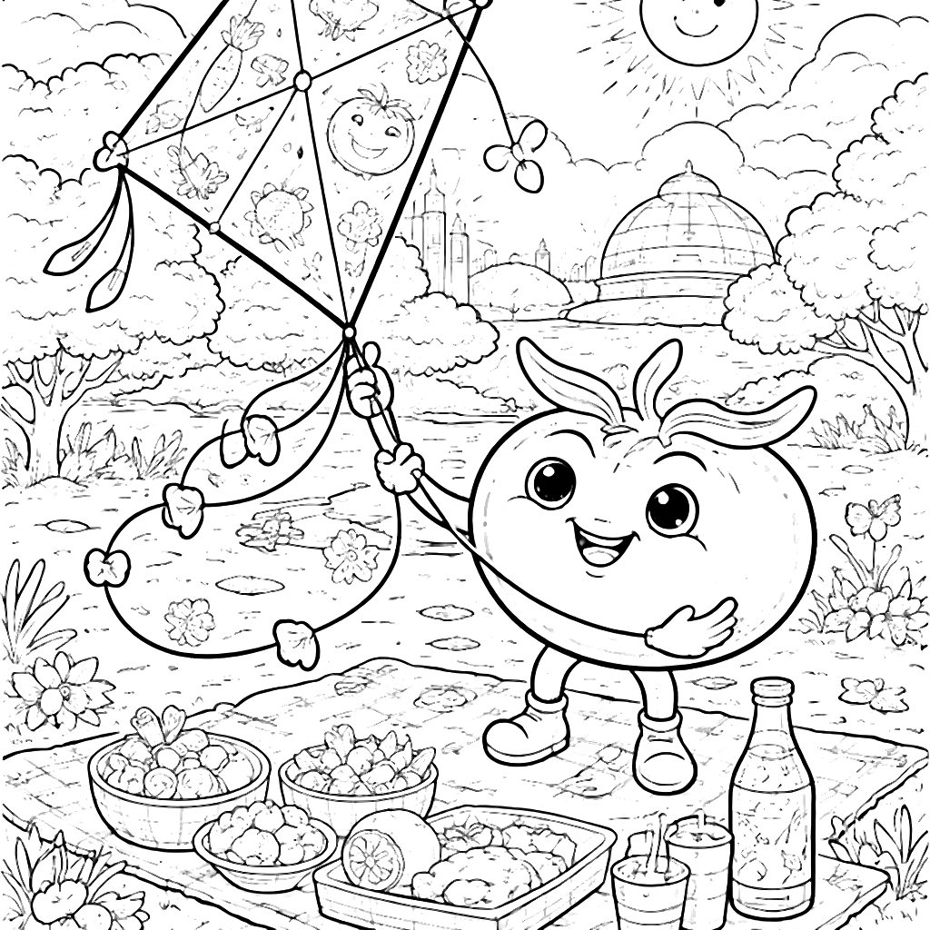 Tomato Flying a Kite in a Sunny Park - Coloring Page