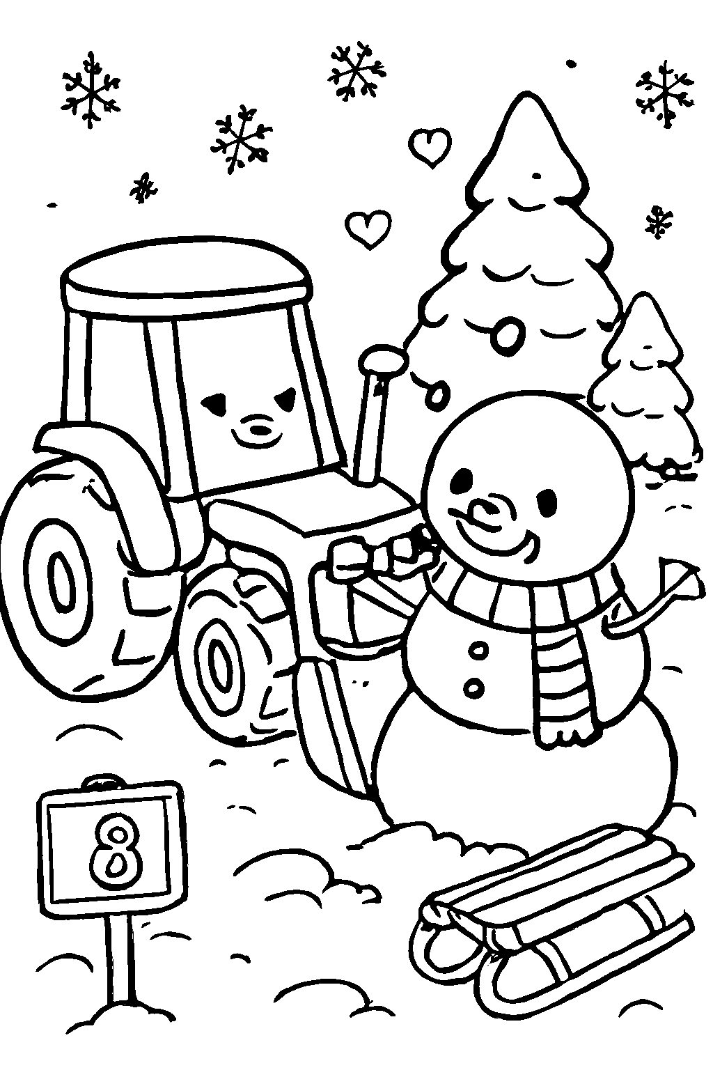Kawaii Tractor Building a Snowman Coloring Page